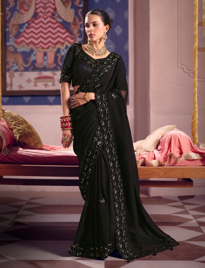 Black viscose zari tissue saree with bold border detailing