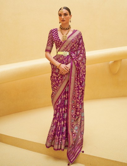 Wine soft organza saree with luminous zari finish