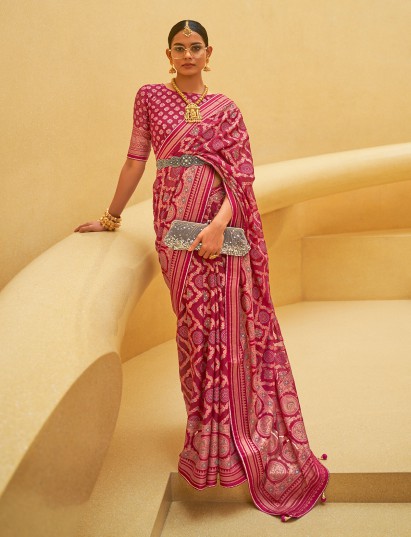 Maroon soft organza saree with intricately zari worked border