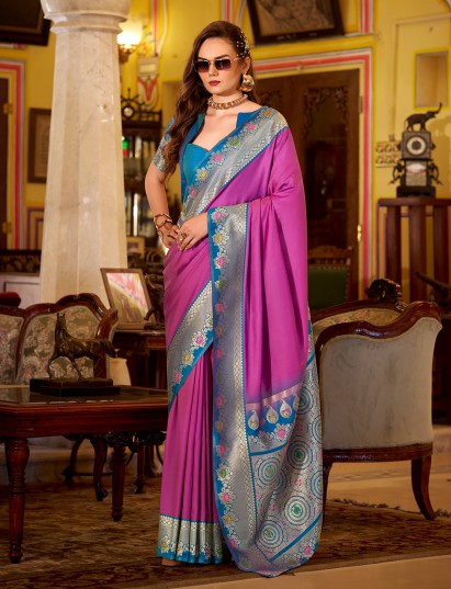 Rani pink soft silk festive saree with rich contrast zari border