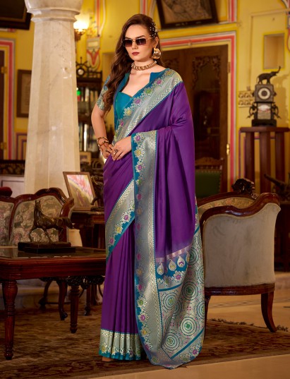 Royal purple soft silk festive saree with detailed zari accents