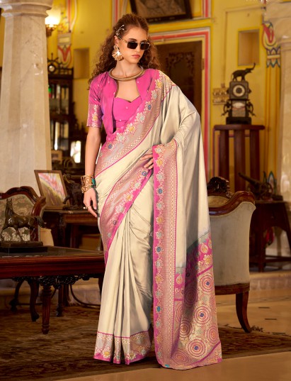 Classic beige soft silk saree with refined contrast zari border