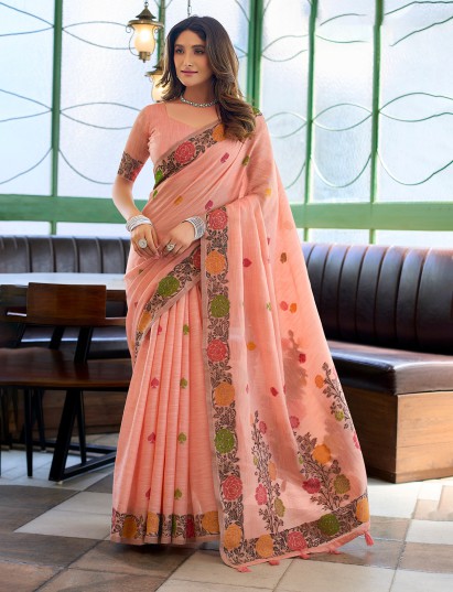 Peach linen jacquard saree with elegant floral border