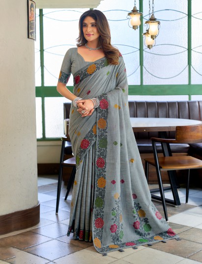 Grey linen saree with detailed floral border design