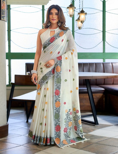 Off white linen saree with classic floral border design
