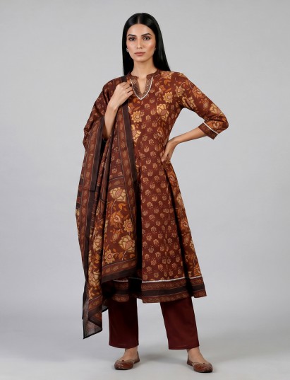 Brown cotton kurti set with floral embellished charm