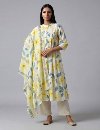 Off white cotton kurti set with soft floral print