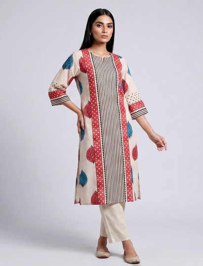 Beige silk straight cut kurti set with prints