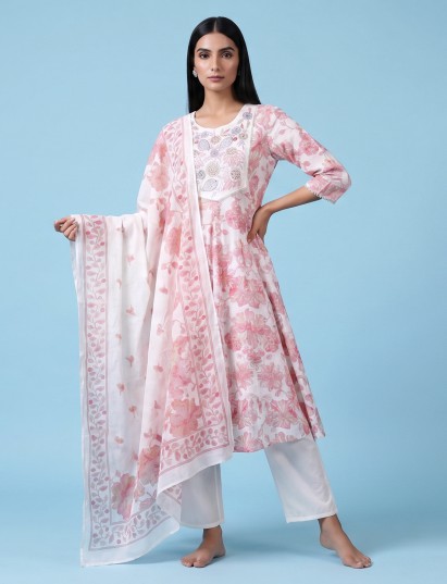 White cotton linen kurti set with pink floral yoke
