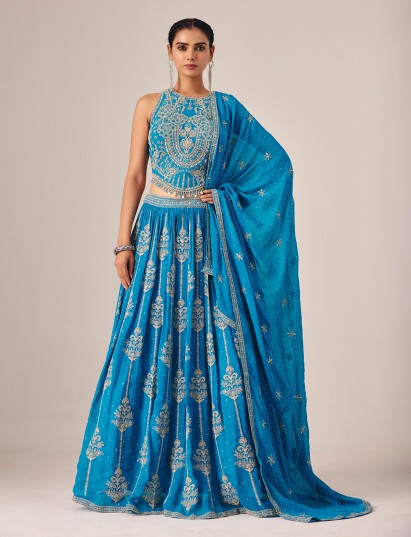 Sky blue georgette lehenga choli with intricate mirror elegance