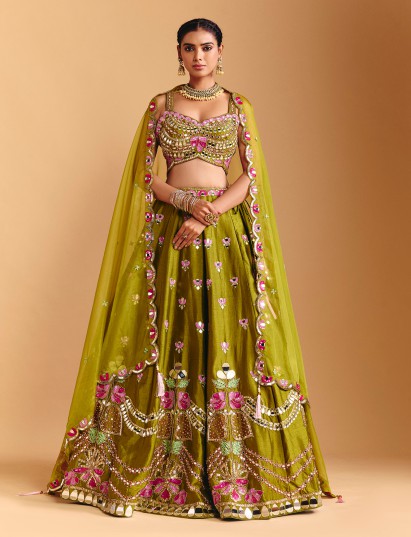 Mehendi olive raw silk lehenga choli with mirror accents