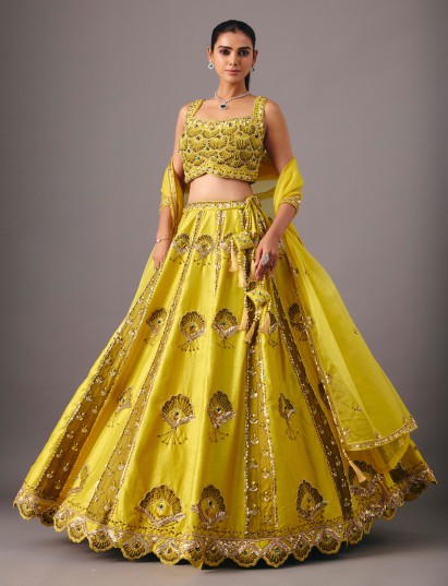 Lemon yellow raw silk lehenga choli with pearl accents