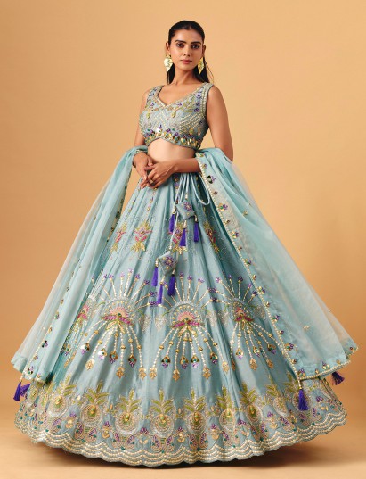 Light grey raw silk lehenga choli with zardosi embellishments