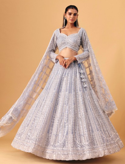Powder blue net lehenga choli with shimmering embellishment charm