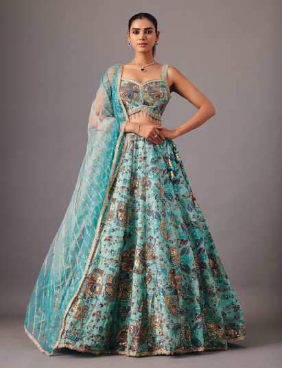 Sky blue georgette silk lehenga choli with sequin embellishments