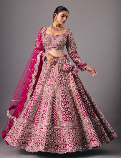 Dark purple silk lehenga choli with mirror and pearl detailing