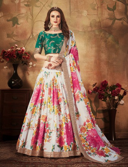 Beige organza lehenga choli with floral print elegance