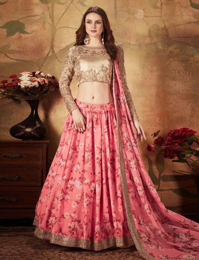 Blush pink organza lehenga choli with detailed embroidery blouse