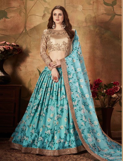 Royal blue organza lehenga choli with floral design detailing