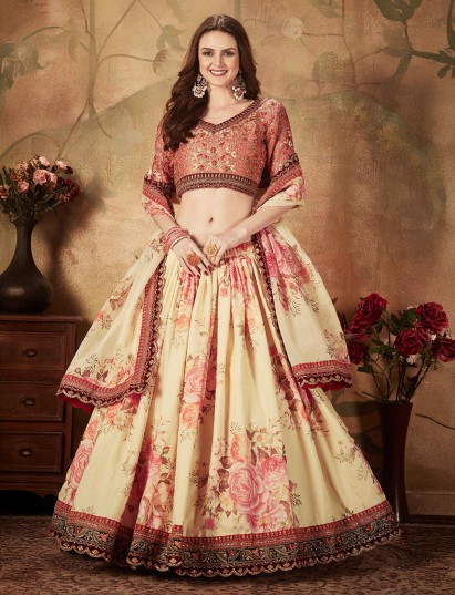 Soft cream organza lehenga choli with maroon blouse