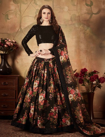 Black floral lehenga choli with sequins embellished blouse