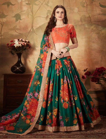 Emerald green floral lehenga choli with embroidered blouse