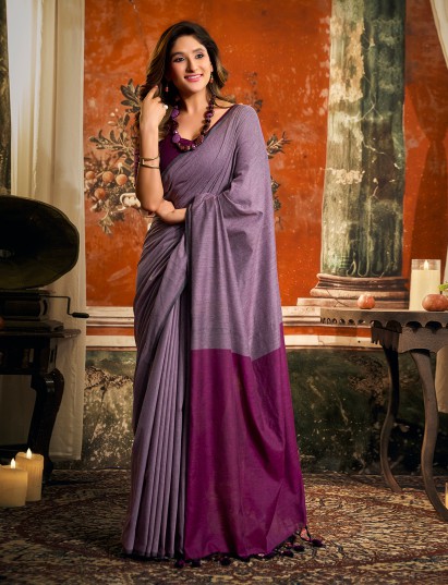 Royal purple cotton saree with contrast tassel pallu