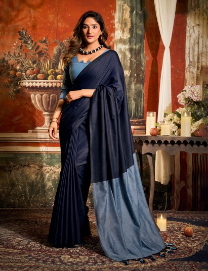 Deep dark navy cotton saree with tassel style pallu