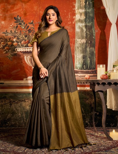 Charcoal grey cotton saree with elegant contrast pallu