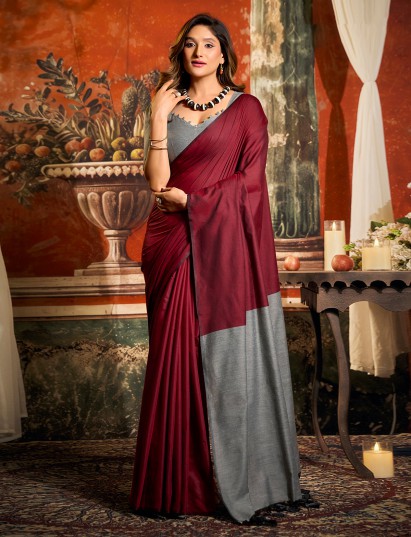 Rich maroon cotton saree with contrast pallu elegance