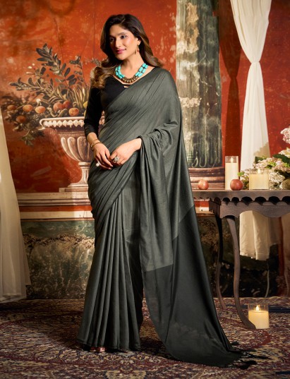 Soft grey cotton saree with fancy tassel detailing