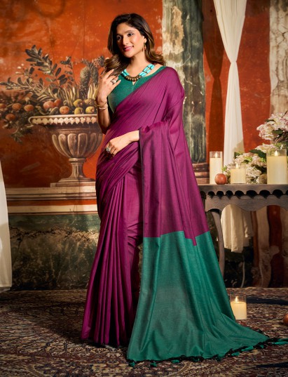 Royal purple cotton saree with elegant tassel pallu