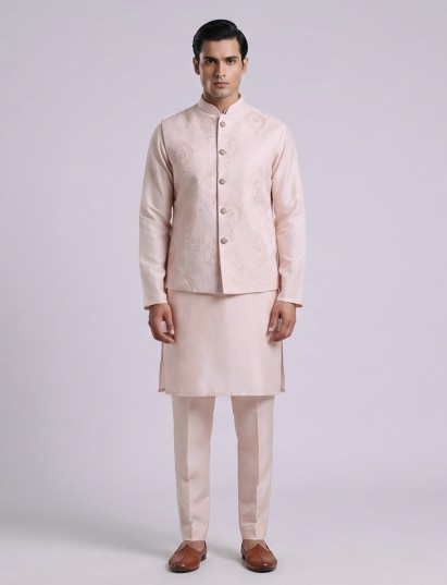 Peach silk linen embroidered festive waistcoat set for men