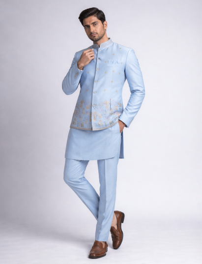 Sky blue cotton linen embroidered festive waistcoat set