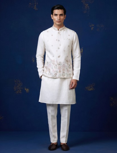 Off white cotton linen embroidered festive waistcoat set