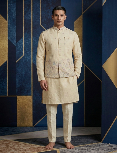 Cream cotton linen embroidered festive waistcoat set
