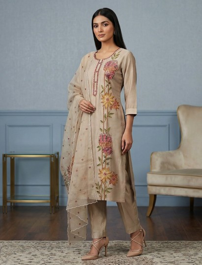 Beige silk straight cut kurti set with dupatta