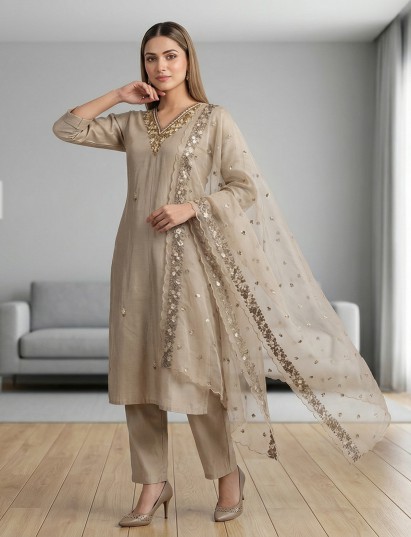 Beige silk v neck straight kurti set with dupatta