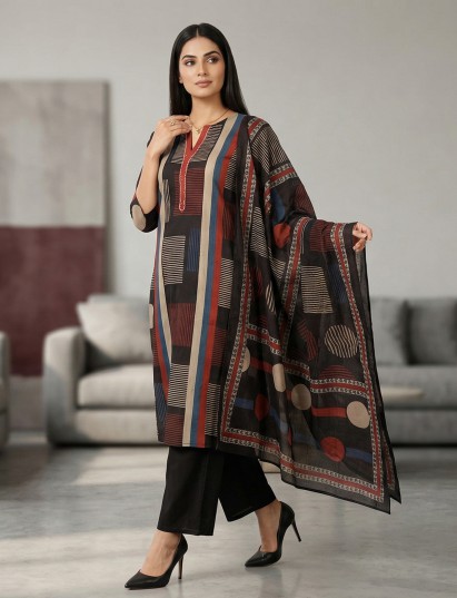 Black cotton silk printed kurti set with dupatta