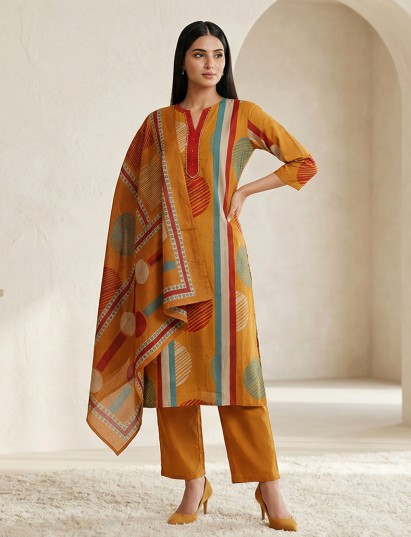 Mustard yellow cotton silk printed kurti set with dupatta