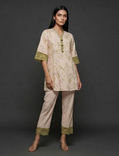 Beige cotton elegant floral printed co ord set