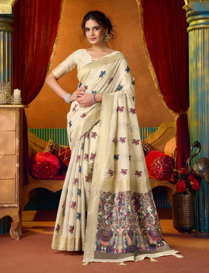 Cream cotton linen saree with zari border detailing