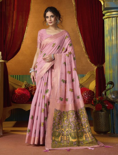 Pink cotton linen saree with floral zari elegance