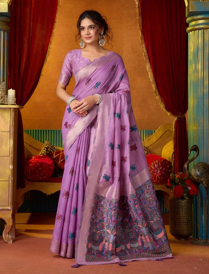 Purple cotton linen saree with traditional motif work