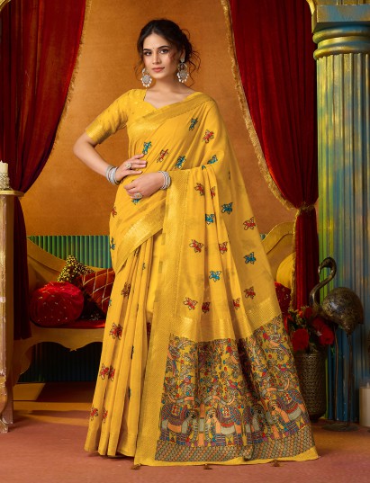 Mustard yellow cotton linen saree with floral motifs