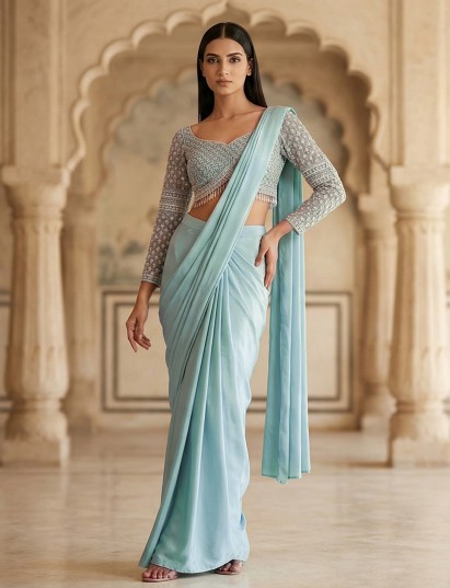 Sky blue satin silk designer ready to wear saree
