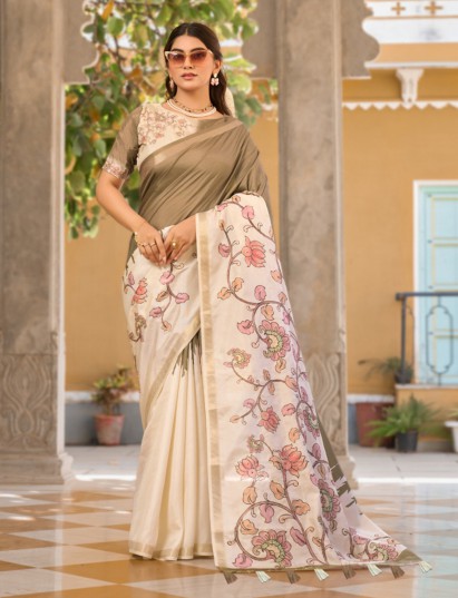 Graceful sage green and off white tussar silk saree