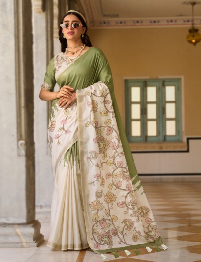 Charming pista green and off white tussar silk saree