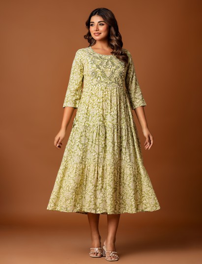 Mehendi green cotton silk yoke kurti with embroidery work