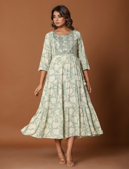 Pista green cotton silk yoke kurti with aabla work